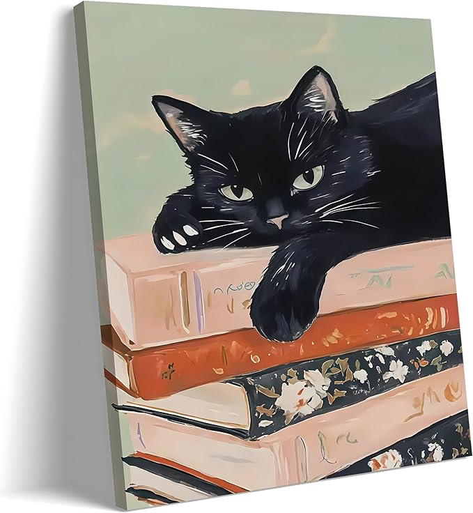 Framed Black Cat Canvas Wall Art, Funny Cat lying on a pile of books Painting, Abstract Animal Posters Prints Wall Decor for Living Room Bathroom Gallery Dining Room Decor 12x16 inch