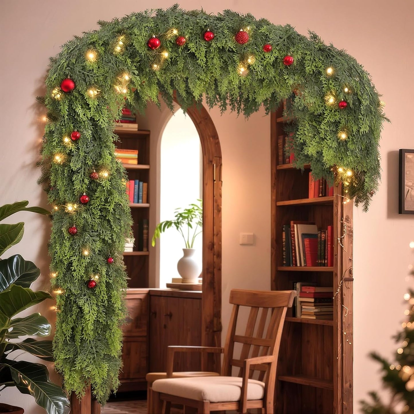 16FT Real Touch Cedar Garland - Artificial Christmas Garland Fake Green Faux Thick and Lush Pine Needles Garlands for Table Fireplace Mantle Holiday Home Indoor Outdoor Decor (1PCS)