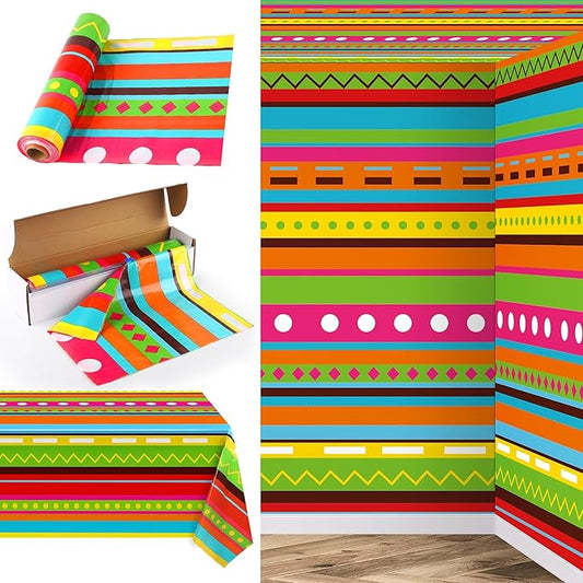 Kochorie 1 Roll 100 Ft x 54 Inch Mexican Fiesta Party Tablecloth Roll with Cutting Box Disposable Plastic Mexican Striped Table Cover Backdrop for Fiesta Taco Party Supplies