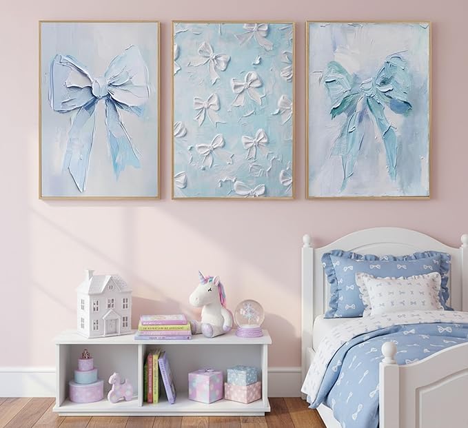 3Pcs Trendy Blue Bow Canvas Wall Art Vintage Cute Preppy Watercolor Bow Painting Pictures Wall Decor Posters Prints Girly Aesthetic for College Apartment Bedroom Decoration Unframed