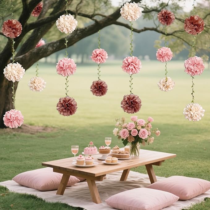 Dusty Pink Party Decorations Rose Gold Dusty Pink Beige Tissue Paper Flowers Pom Pom with Leaf Ribbon Hanging Garland Streamer for Birthday Baby Shower Wedding Bridal Shower Engagement Party Supplies