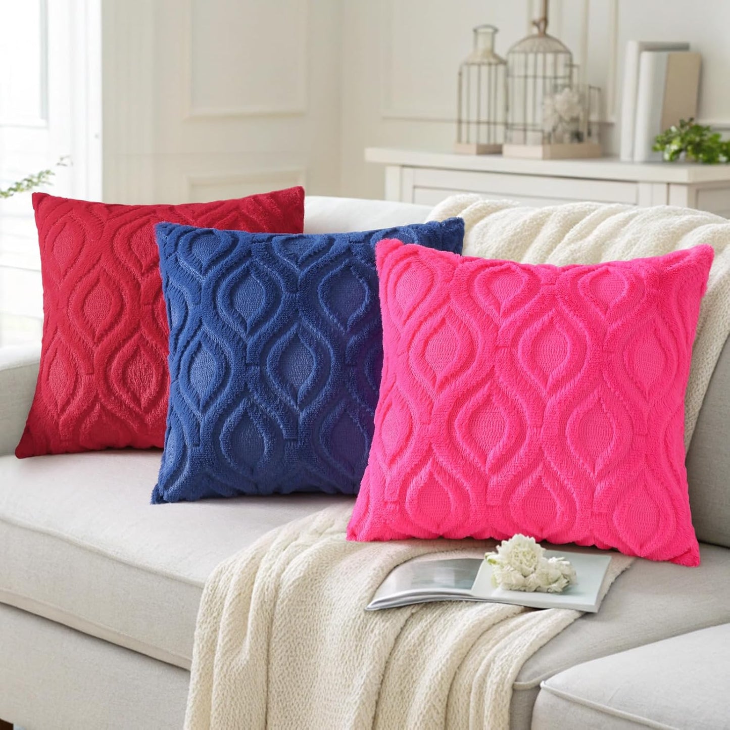 decorUhome Fall Throw Pillow Covers 22x22 Inch Set of 2, Soft Plush Decorative Faux Fur Hot Pink Solid Couch Pillow Covers, Accent Farmhouse Neutral Square Euro Pillow Cases for Sofa Bed Living Room