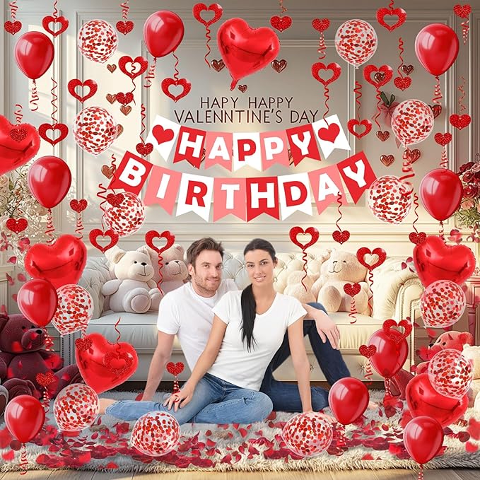 FECEDY Red Happy Birthday Banner Heart-Shaped Aluminum Foil Balloon Round Latex balloons Fake Petals Hanging Streamers for happy Birthday Party Decorations