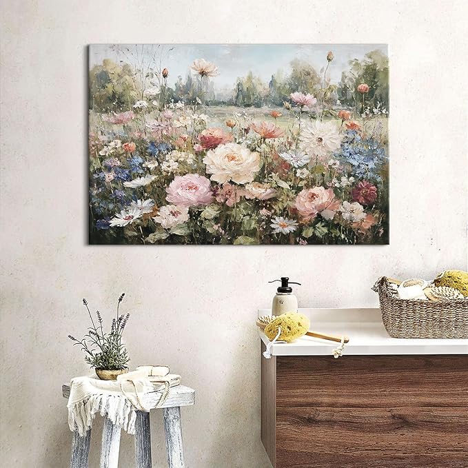 Vintage Floral Wall Art Colorful Flowers Wall Decor for Bedroom Retro Wildflowers Canvas Painting Rustic Farmhouse Flower Pictures Aesthetic Artwork for Living Room Bedroom Home Decoration 16x24"