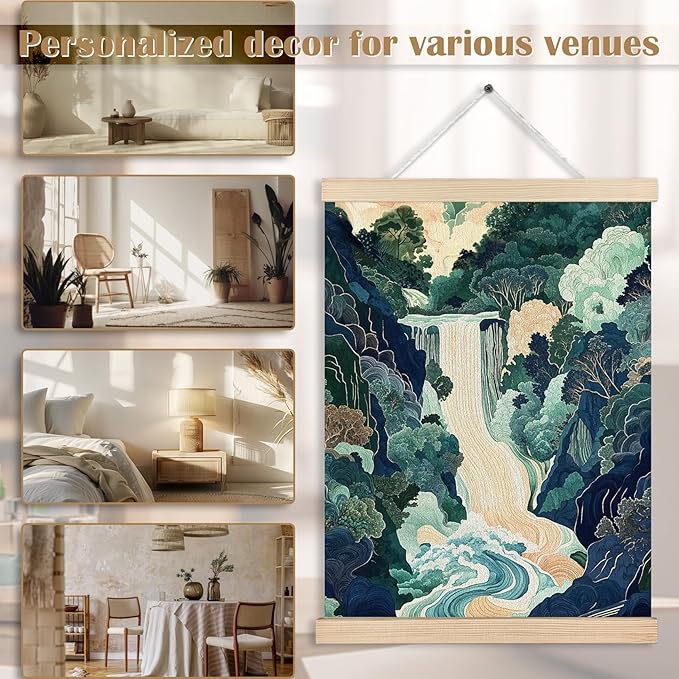 FITIE Green Abstract Japanese Waterfall Forest Scenic Canvas Wall Art Poster, Watercolor Blue Green Nature Landscape Wall Decor Prints for Japanese Home Bedroom Living Room, 12x16 Inches