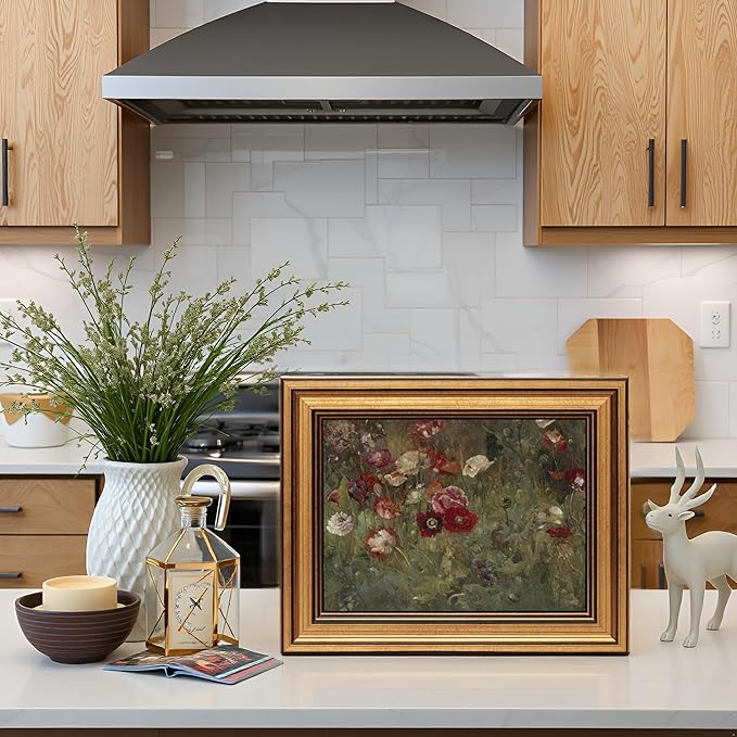 HUARCEY Framed Canvas Wall Art Prints, Bathroom Shelf Vintage Decor Aesthetic, Poppies Floral Paintings Farmhouse Wall Decor, Retro Table Desk Pictures for Bedroom Living Room, 8x10Inch