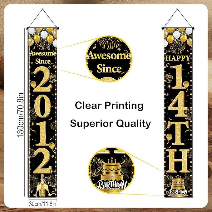 14th Birthday Decorations Boys Girls - Black Gold Awesome Since 2012 Door Banner Porch Wall Decor Backdrop For 14 Year Old Indoor Outdoor Party Supplies