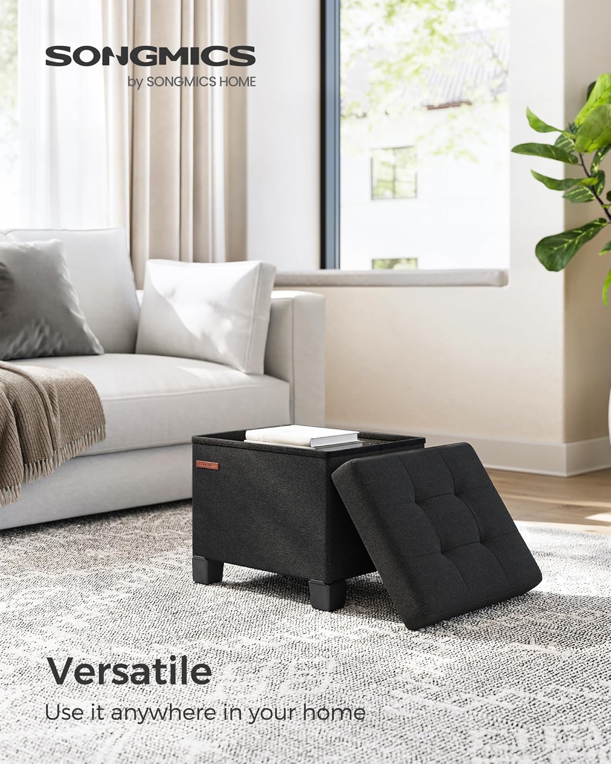 SONGMICS Storage Ottoman, Small Ottoman Foot Rest with Legs, 12.6 x 15.8 x 13.2 Inches Foot Stool, Load up to 660 lb, for Living Room, Bedroom, Dorm, Ink Black ULSF012B01