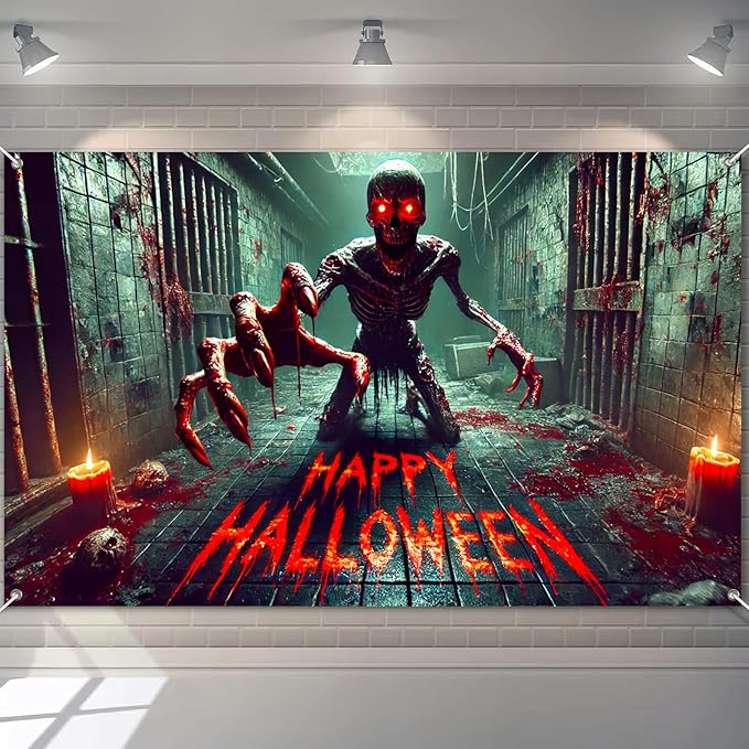 Halloween Horror Backdrop 71x43 Inch Bloody Monster Wall Banner Crawling Skeleton Decoration for Haunted House Scary Prison Hallway Decor Party Indoor Outdoor Display
