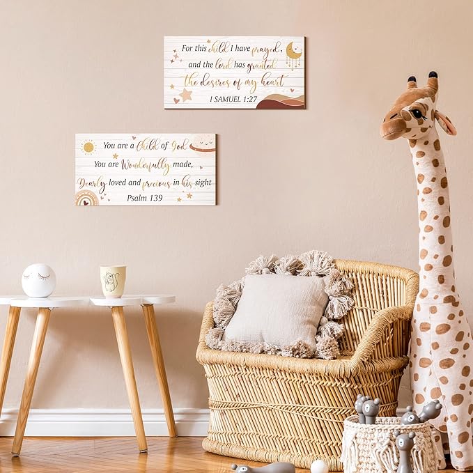 Yookeer 2 Pcs Wood Nursery Wall Decor for Girls Boys Baby Girl Room Decor Nursery Christian Wall Art This Child I Have Prayed Bible Quote Hanging Sign for Kids Home 12 x 6 Inch(Cute)