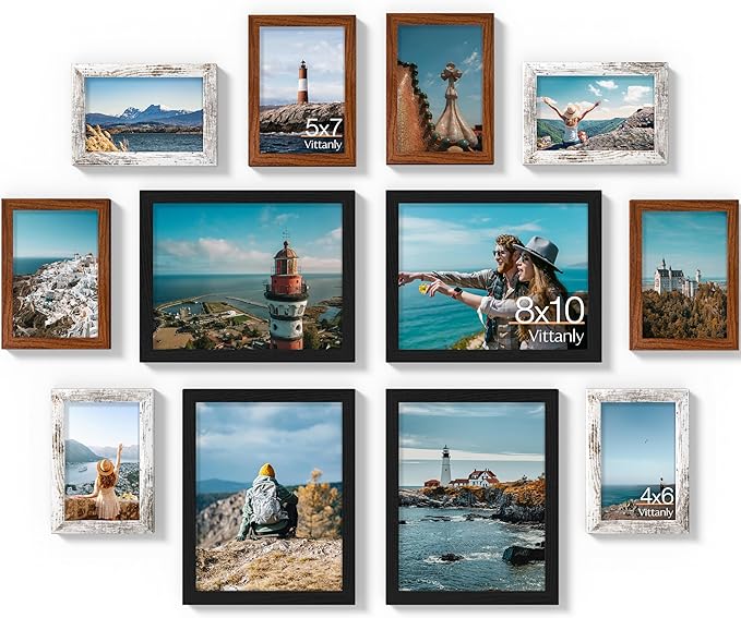 Vittanly 12 Pack Picture Frames Collage Wall Decor for Mounting or Tabletop, Gallery Wall Frame Set for Family, Multi Sizes Including 8x10, 5x7, 4x6, Black & Walnut Brown & Distressed White