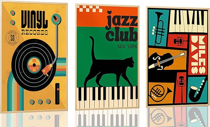 JWDXNOOK 3pcs Retro Jazz Music Wall Art Vintage Vinyl Records Paintings Musical Instruments Black Cat on Piano Canvas Prints Poster for Living Room Bedroom Music Room Decor Unframed