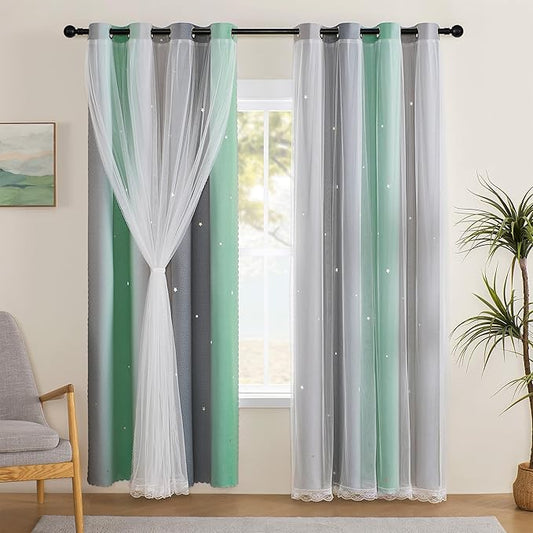 XiDi Curtains for Bedroom Decor, Rainbow Green LightgreyGrey52/90/1