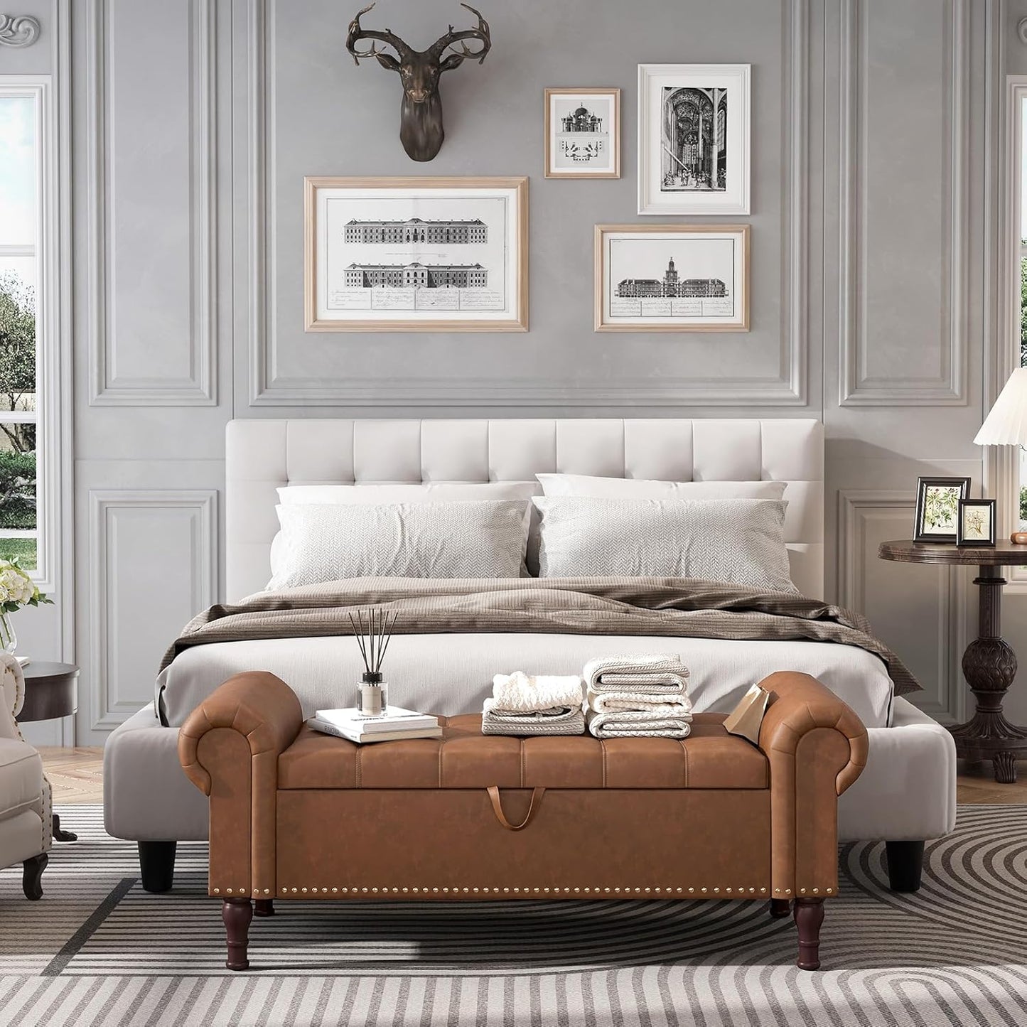Apicizon 51”Ottoman with Storage, Queen Size End of Bed Storage Bench with Tufted Button, Upholstered Sitting Bench for Front Door Entrance,Bedroom,Dining Room, Entryway，Vintage Brown