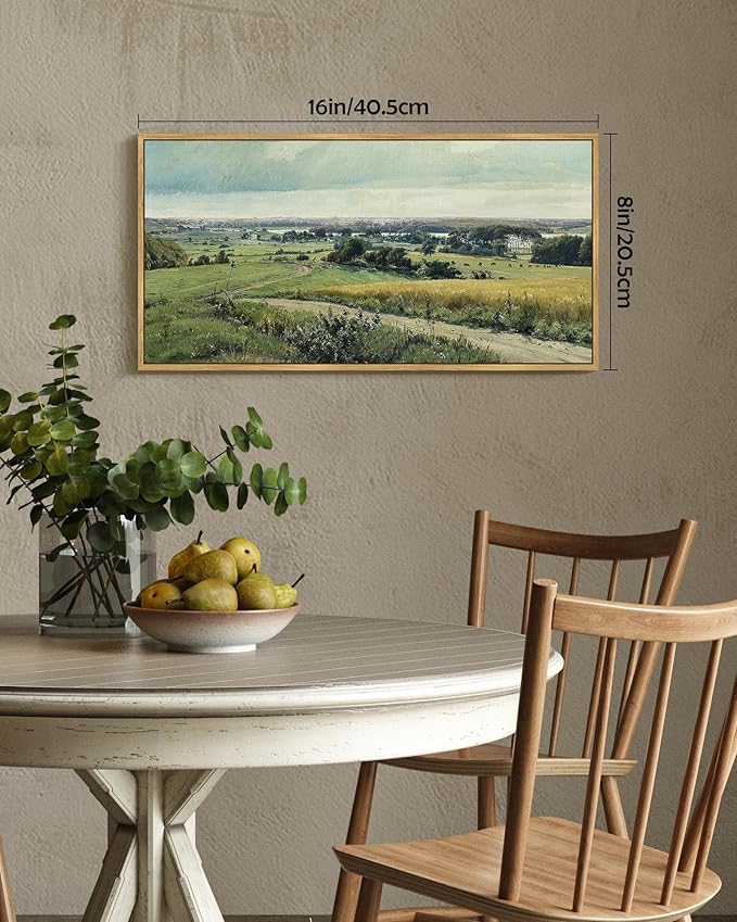 SHENIFY Vintage Landscape Framed Wall Art Rustic Countryside Meadow Farmhouse Decor Retro Grassland Painting for Kitchen Bedroom Living Room Bathroom - 8x16in Natural Framed