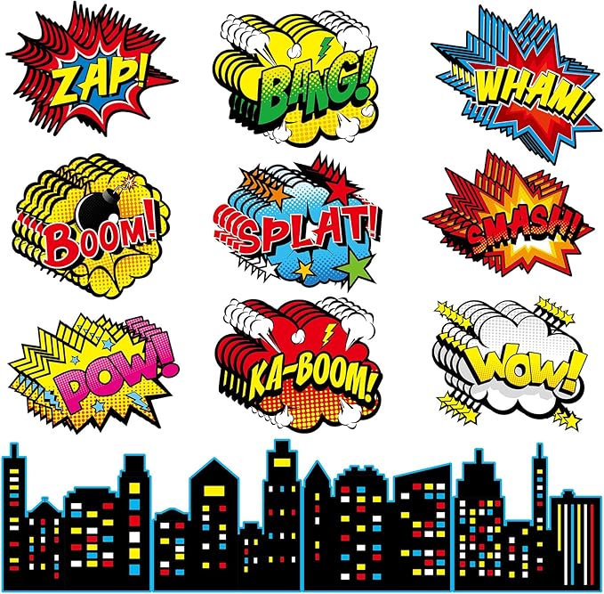 62Pcs Hero Paper Cutouts Hero Themed Party Decorations Super Theme Heroes Bulletin Board Wall Decor Fun Action Sign Super Party Supplies for Birthday Favors