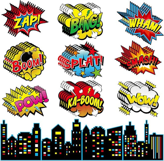62Pcs Hero Paper Cutouts Hero Themed Party Decorations Super Theme Heroes Bulletin Board Wall Decor Fun Action Sign Super Party Supplies for Birthday Favors