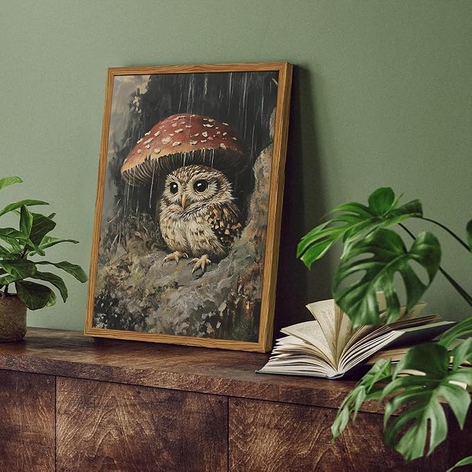 Framed Vintage Owl Canvas Wall Art, Cute Bird Mushroom Pictures Wall Decor, Cottagecore Forest Animal Paintings Prints Gothic Rustic Moody Home Decor for Living Room Bedroom Nursery 16x24 inch