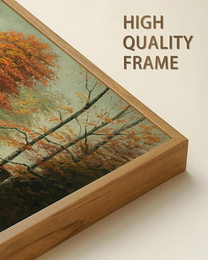 SHENIFY Vintage Framed Wall Art Countryside River Landscape Painting Retro Fall Scenery Farmhouse Kitchen Living Room Decor - 8x16in Natural Framed