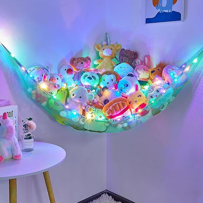 Unicorn Castle Stuffed Animals Net or Hammock Kids Toy Storage Organizer with LED Light Hanging Corner Stuffed Animals Holder Kids Girls Room Decor,Green,Large (Pack of 1)
