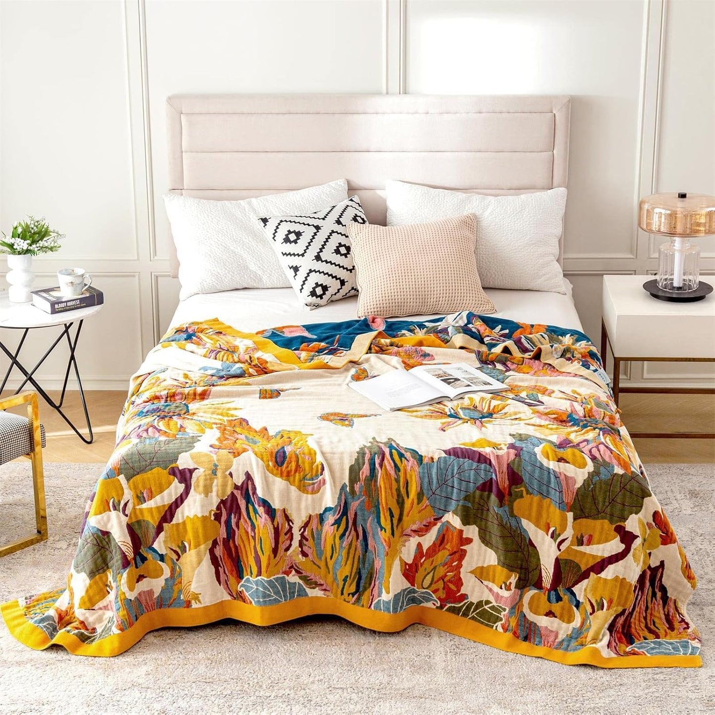 MSGKV Boho Throw Blanket King Size Warm Blanket for Couch and Sofa Blankets Cover for Living Room Blanket Throw Blanket Summer Cozy Bed Quilt(D-Flower and Butterfly, 108" x 90"(King))
