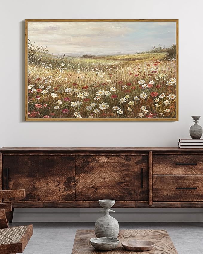 SHENIFY Vintage Framed Wall Art Meadow with Flowers Landscape Scenery Home Decor Retro Wildflower Field Decorations for Farmhouse Bedroom Ready to Hang Wall Artwork - 16x24in Natural Framed