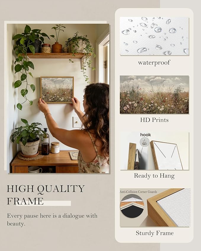 SHENIFY Vintage Landscape Framed Wall Art Meadow with Flowers Farmhouse Decor Retro Wildflower Field Scenery Painting for Kitchen Living Room Bedroom Bathroom - 8x10in Natural Framed