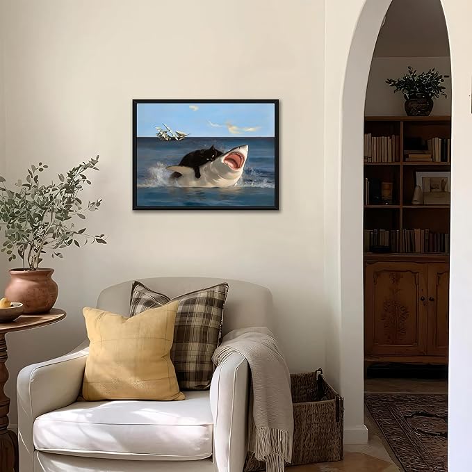 Floating Framed Black Cat Wall Art, Funny Quirky Cat and Shark Pictures Canvas Print, Abstract Black Cat Shark Posters Wall Decor for Room Bedroom Living Room Bathroom Aesthetic 12x16 inch
