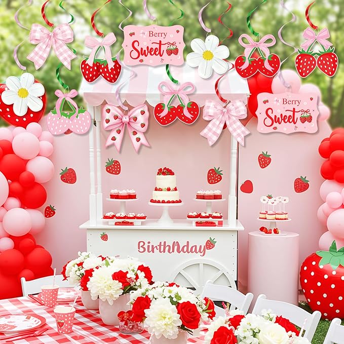 Pink Bow Strawberry Party Hanging Swirls Decorations, Berry Sweet Strawberry Theme Party Foil Ceiling Swirl for Summer Fruit Berry First 1st Birthday Girl Berry Sweet Baby Shower Wedding Bridal Shower