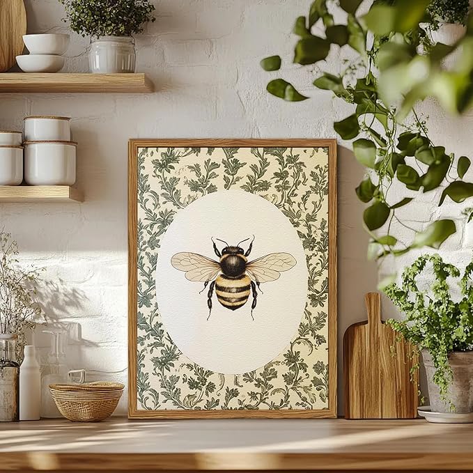 Framed Vintage Bee Wall Art, Rustic Insect Pictures Wall Decor, 3D Textured Sandstone Green Botanical Paintings Prints Cottagecore Home Decor for Living Room Bedroom Office 12x16 inch