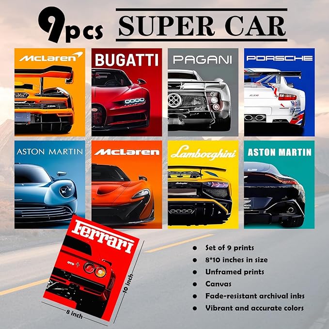 CSLGQGV Car Poster Vintage Racing Car Wall Art Supercar Canvas Prints Painting For Men Room Pictures Guys Dorm Room Aesthetics Decor Bedroom Office (Unframed,8×10inch,9pcs) Colorful car