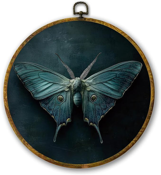 Mcehtle Vintage Butterfly Wall Art Decor, Dark Moody Cottagecore Moth Framed Canvas Prints 10x10, Neutral Farmhouse Round Wall Hanging Artwork Decorations for Home Bedroom Living Room