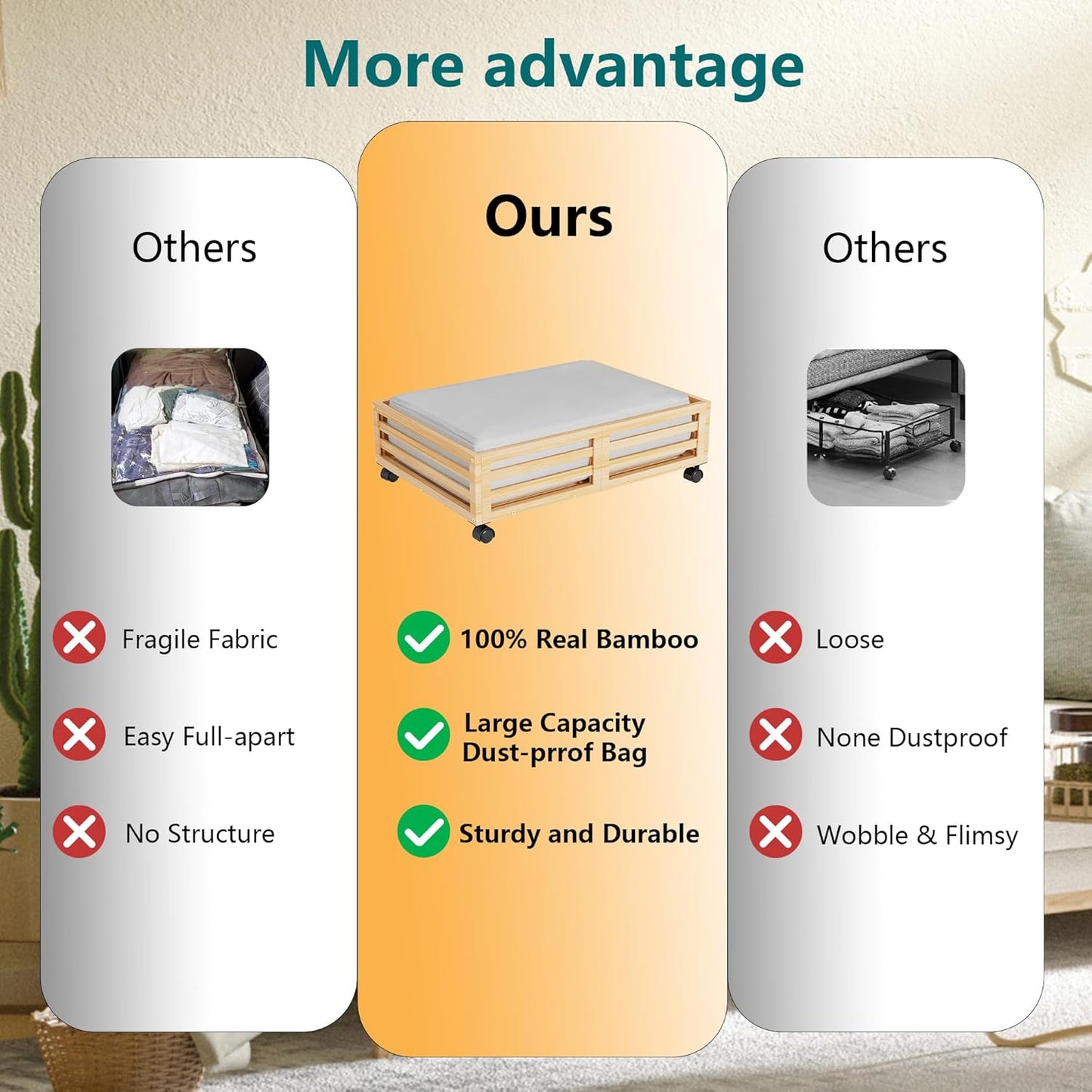 Bamboo Under Bed Storage Containers- Underbed Organizer with Wheels with Large Dust Bag,Sturdy Wood Rolling Under the Bed Shoe Storage Organizer Drawer 2 Packs (Nature, Small)