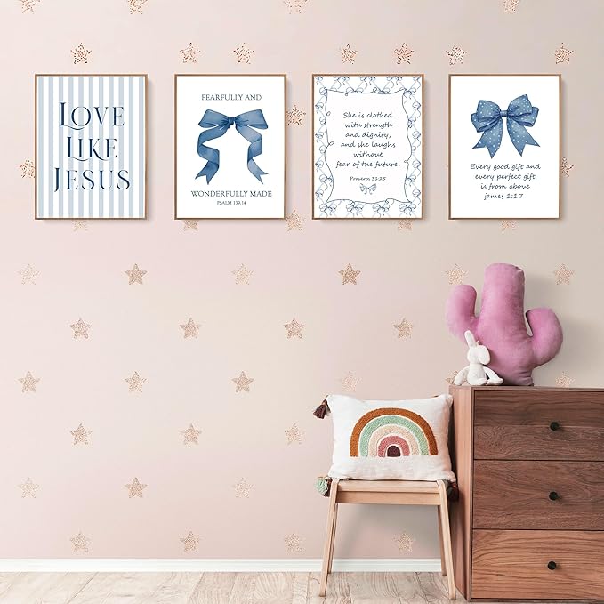 LARTSFRO Coquette Navy Blue Bow Jesus Wall Art Decor Posters, Blue Bow Christian Room Bedroom Bathroom Wall Art Decor Aesthetic for Teen Girls College Gifts, Inspirational Bible Verses Bow Wall Decor, 12x16 Inch Set of 4 Bow Pictures(UNFRAMED)