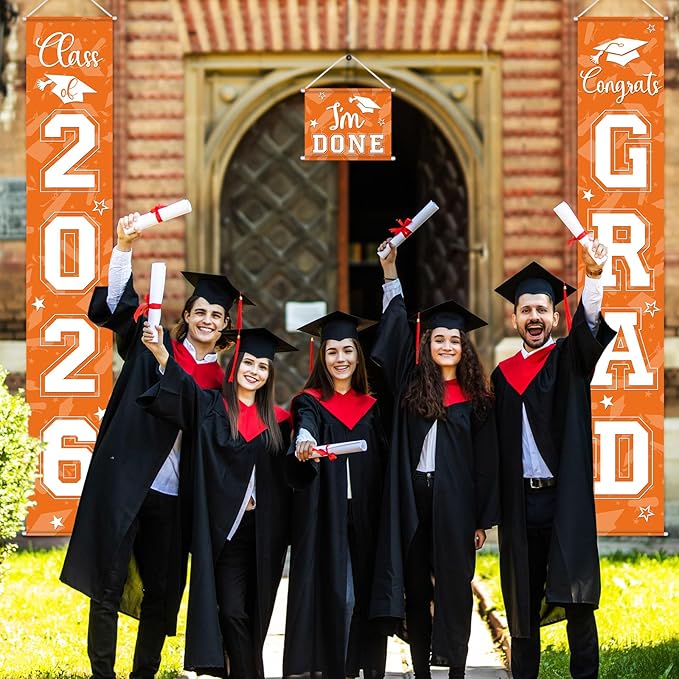 Moukeren 3 Pieces 2026 Graduation Party Decorations Graduation Porch Sign Class of 2026 Grad Hanging Porch Banner Backdrop Door Sign for Grad Party Home Door Wall Decor(Orange)