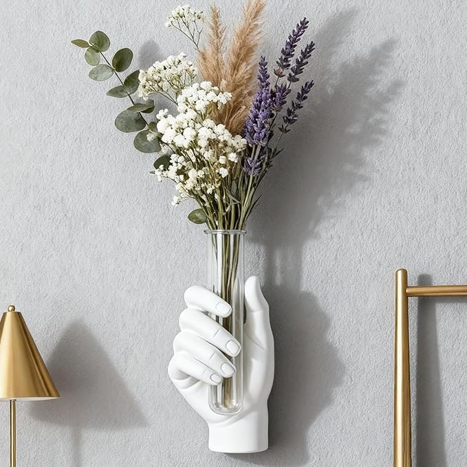 White Wall Hand Vase,Vintage Art Decor,Life-Size Hand Sculpture with Glass Test Tube Vase,Unique Wall Art Statue for Indoor or Outdoor,Maximalist Boho Whimsical Decor, for Women