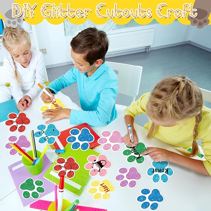 BWkoss Glitter Paw Prints Cutouts- 100Pcs Colorful Paw Print Paper Cut-Out Mini Paw Print Accents Decor Bulk Dog Footprint Cutout Bulletin Board Party Supplies for Kids DIY Craft Classroom Wall Decors