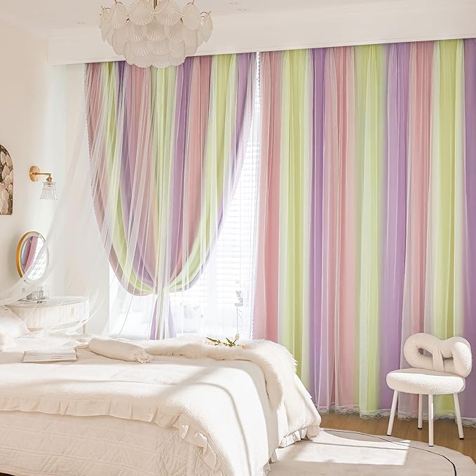 XiDi Blackout Curtains with Sheer Overlay for Girls Bedroom 84 Inches Long 2 Panels Pink Yellow Purple Rainbow Blackout Curtains for Little Girl Kids Room Decor Living Room Grommet Drapes 52x84