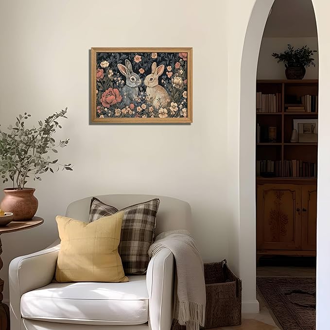AKWISH Easter Framed 3D Textured Vintage Wall Art - Dark Academia Bunny Decor Hand Drawn Sandstone Paintings with Botanical Florals, Aesthetic Wall Decor for Living Room Bedroom Home 12x16 inch