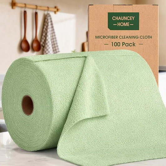 Microfiber Cleaning Cloth Roll - 100 Pack Tear Away Microfiber Paper Towels, Reusable, Washable, Scratch-Free, Kitchen Towels for Car, Home, Kitchen, Glass, Dishes(Bean Green)