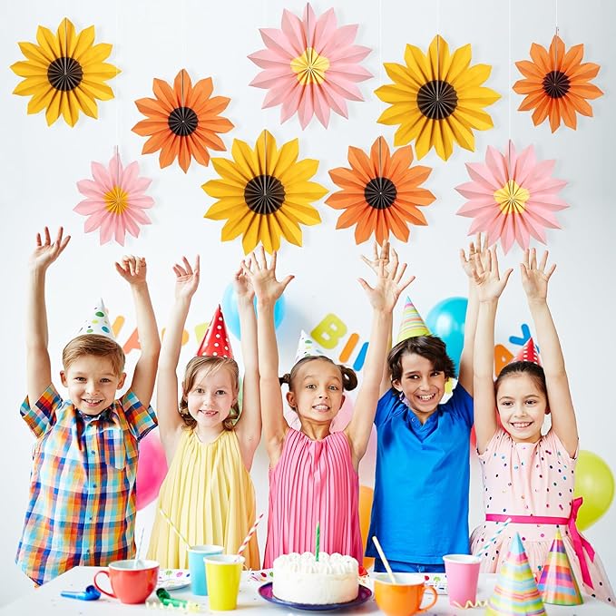 PAPER JAZZ Sunflower Party Decorations: 9 Sunflower Paper Fans & Flower Garlands, Summer Orange Pink Sunflowers, Wedding & Baby Shower Decor