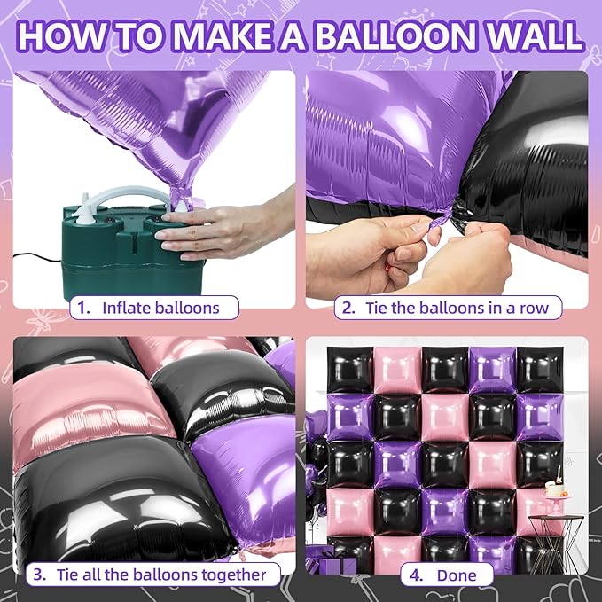 NISOCY 25PCS Purple Pink Black Square Foil Balloons Wall Backdrop Double Sided Black Pink Balloon Arch Kit for Birthday Baby Bridal Shower Carnival Cocktail Girls Theme Party Decoration