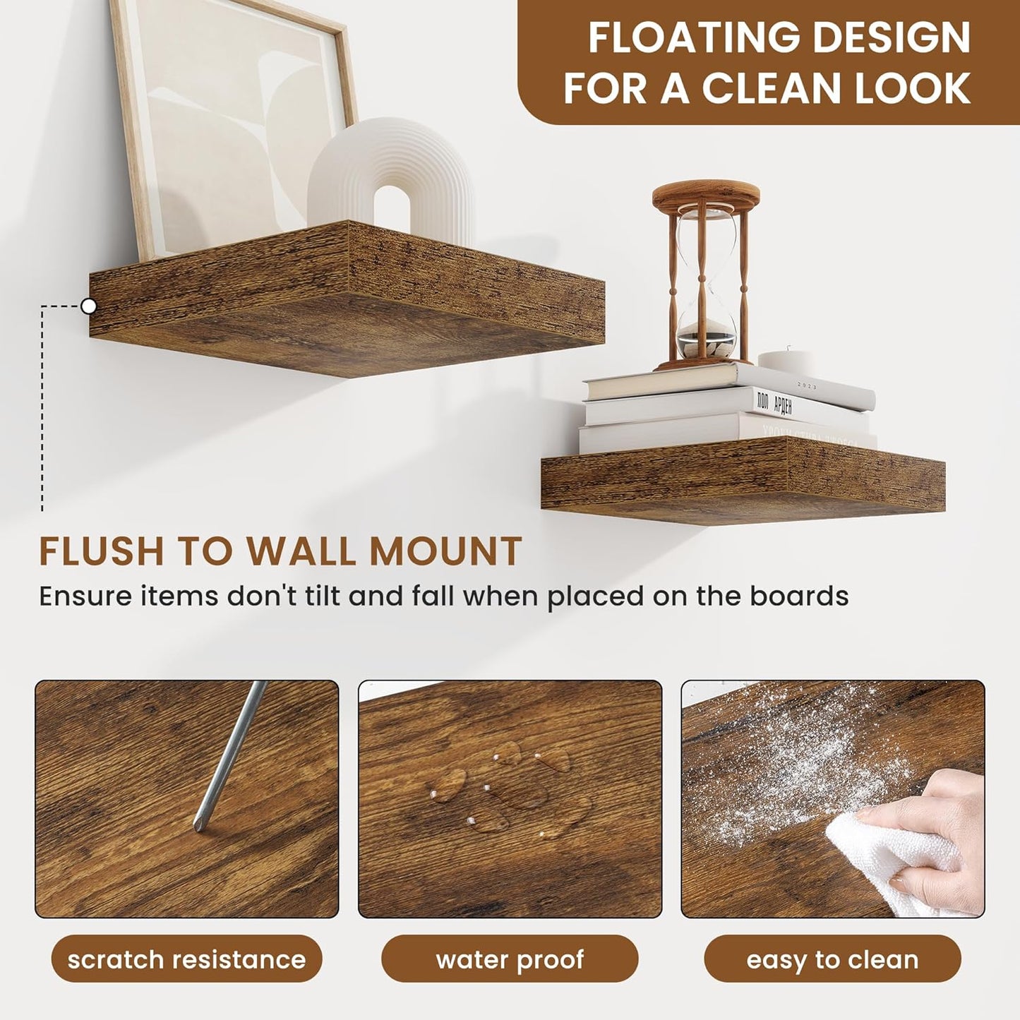 fuqing Floating Shelves for Wall, Bathroom Shelf Wall Mounted for Storage, Shelves with Invisible Bracket for Bedroom, Kitchen, Living Room, Farmhouse Small Book Shelf, 6.5 Inch Set of 3, Rustic Brown