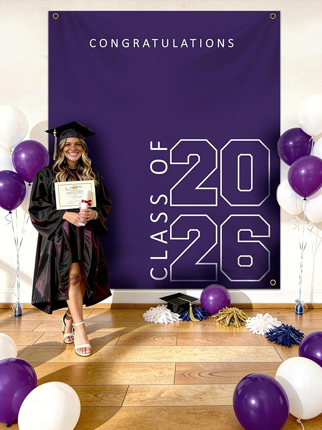 Class of 2026 Graduation Banner 5X6feet - Large CONGRATS GRAD Polyester Banner, Photo Backdrop & Wall Decor for Commencement Party Supplies, Purple and White Graduation Party Decorations for High School & College