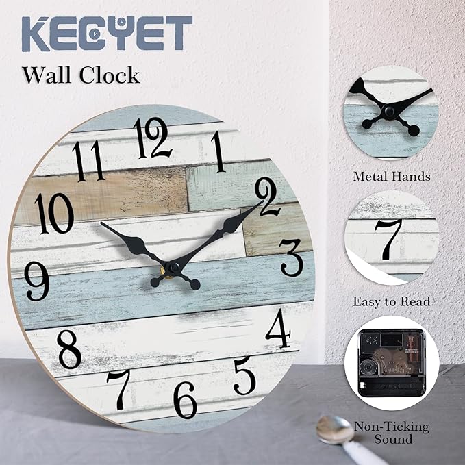 Wall Clock Battery Operated 18 Inch Large Silent Non Ticking Coastal Design Country Rustic Retro Decorative for Bathroom Kitchen Living Room Bedroom