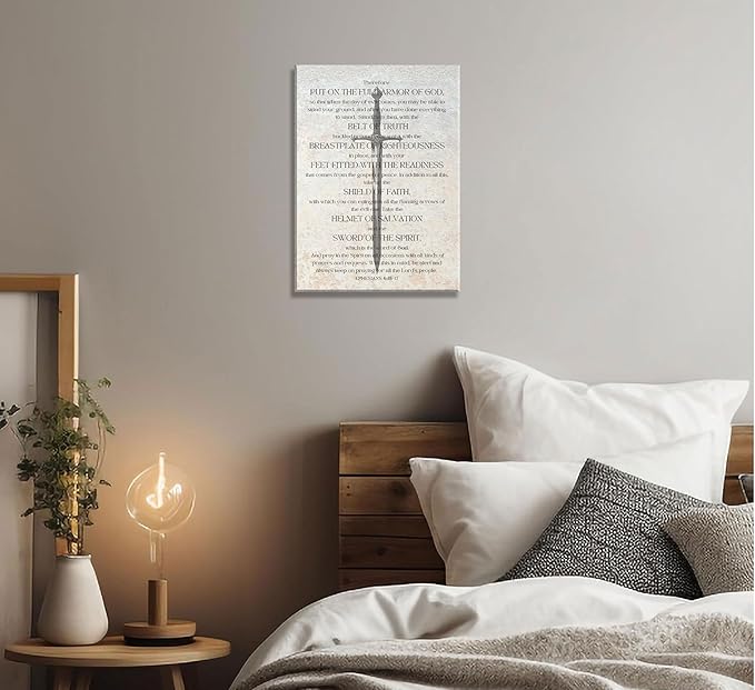 Framed Christian Spiritual Armor Canvas Wall Art Ephesians 6:11 Bible Verse Poster Print Black and White Religious Wall Decor for Church Office Bedroom 12x16in
