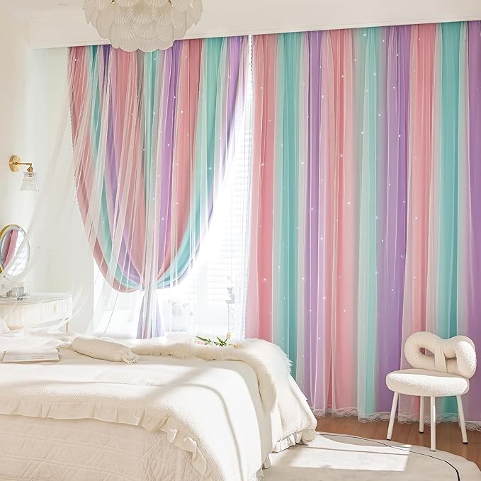 XiDi Girls Blackout Curtains 120 Inches Long for Bedroom, Room Darkening Grommet Window Ombre Curtains 2 Panel Sets, Kids Unicorn Princess Theme Decor Colorful Rainbow Design Pink/Pur/Gren34-120/2