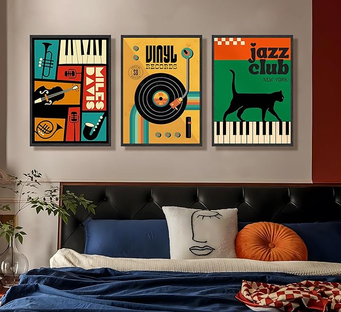 JWDXNOOK 3pcs Retro Jazz Music Wall Art Vintage Vinyl Records Paintings Musical Instruments Black Cat on Piano Canvas Prints Poster for Living Room Bedroom Music Room Decor Unframed