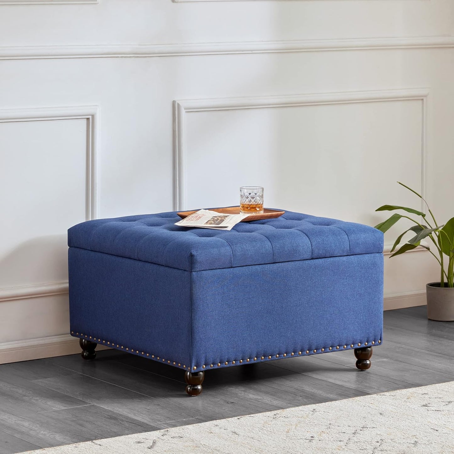 Tbfit Large Square Storage Ottoman Bench, Botton Tufted Upholstered Coffee Table Ottoman with Solid Wood Legs, Oversized Storage Ottomans Toy Box for Living Room (Blue)