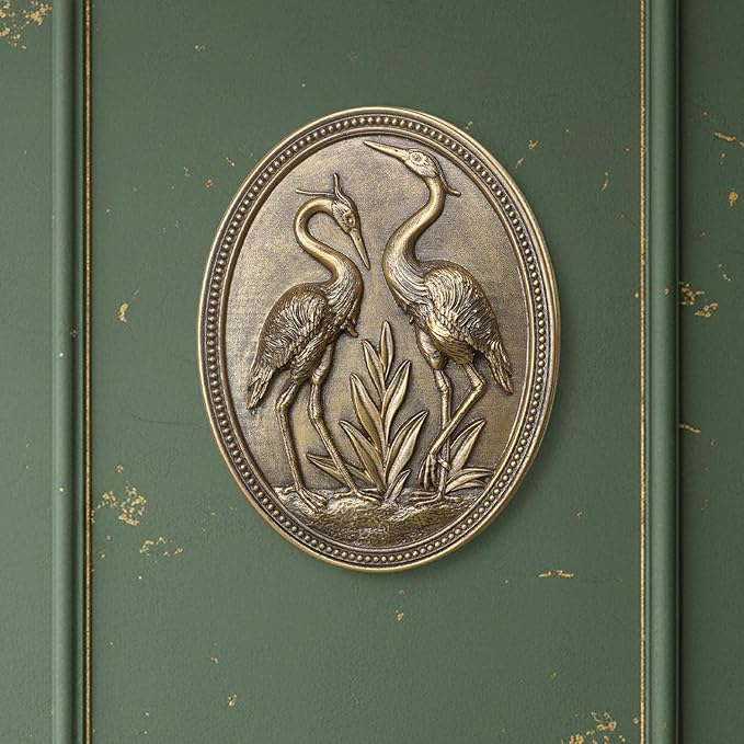 Vintage Crane Wall Sculpture 2 Pack, Crane Wall Art, Antique Wall Decor, Hand Painted Wall Decoration with Embossed Couple Bird Design, Gold Wall Decor for Living Room Bedroom Dining Room,Housewarming Gift(Gold Cranes)